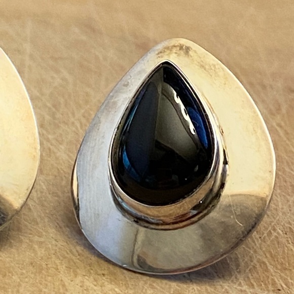 Vintage signed onyx teardrop 925 sterling silver earrings - Picture 4 of 6